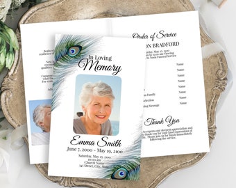 Peacock Feather Memorial Program, Celebration of Life Itinerary, Funeral Card, Editable Template Corjl PPF4