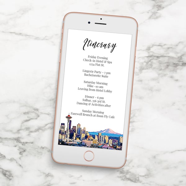 tinerary Electronic Template, Evite, Hen Party, Bridal Shower, Seattle Washington City Scape Editable Text PPW64 EMERALD