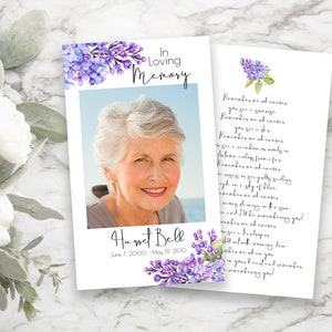 Tarjeta de oración floral lila, tarjeta conmemorativa púrpura, celebración violeta de la vida, tarjeta de poema funerario, plantilla Corjl editable PPF2021LPB SHAE imagen 1