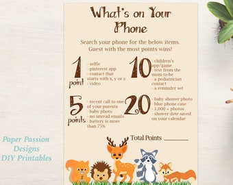 What's on your Phone ~ Woodland Animal Baby Shower Game ~ Gender Neutral Theme ~ Printable Game 0046