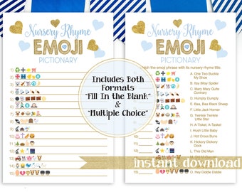 Glitter Emoji Nursery Rhymes Quiz ~ Blue and Gold Baby Shower ~ Baby Boy Hearts ~ Printable Game 5GL_BG
