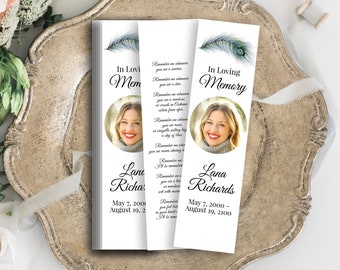 Peacock Feather Memorial Bookmark, Celebration of Life, Funeral Prayer Card, Editable Template Corjl PPF4