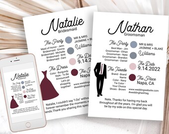 Bridesmaids and Groomsman Information Card Set, Printable Wedding Party Details, Modern MOH Proposal Box Editable ELLA PPW300