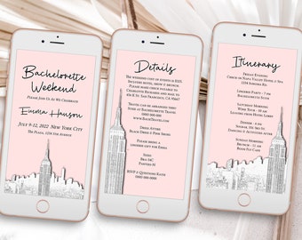 New York City Skyline Sketch, Pink Electronic Invitation Template, Evite, Hen Party, Bridal Shower, Details, Itinerary PPW40 HUDSON