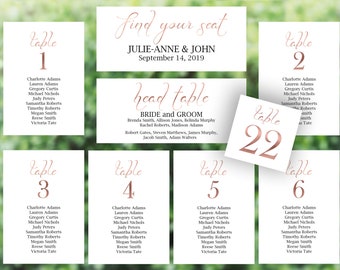 Rose Gold Wedding Seating Chart Package, Seating Cards, Seating Chart Template, Seating Display, Table Cards, PDF Instant Download 110RG