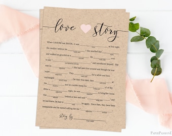 Love Story Mad Libs Template, Bridal Shower Game, Rustic Modern Elegant Design 100% Editable PPW0550 Grace