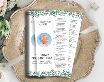 Memorial Bookmark, Celebration of Life, Funeral Poem Card, Greenery Printable Template, Editable Corjl Template PPF440