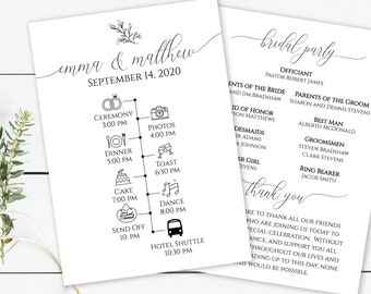 Wedding Day Timeline & Program, Printable Wedding Day Schedule, Reception Itinerary, Bridal Agenda, Printable Editable  PPW0560