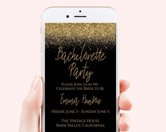 Gouden Sparkle Bachelorette uitnodiging, vrijgezellenfeest, Bachelorette, Glitter evenement, bruidsuitnodiging, bewerkbare sjabloon, PPW90GoldBlack