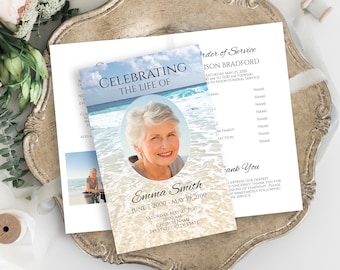 Beach Memorial Program, Folding Pamphlet, Ocean Celebration of Life, Funeral Poem Card, Editable Corjl Template PPF100 DANA