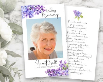 Lilac Floral Prayer Card, Purple Memorial Card, Violet Celebration of Life, Funeral Poem Card, Editable Corjl Template PPF2021LPB SHAE