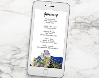 Electronic Itinerary Template, Evite, Hen Party, Family Reunion, Mountain, Hiking Details, Schedule, Wedding Events PPW50 YOSEMITE