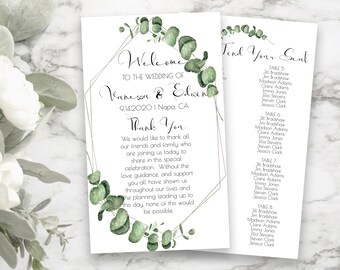 Rose Gold Frame Greenery Program and Seating Arrangements, Wedding Welcome, Seating Chart, Wedding Fan 100% Editable  PPW0445