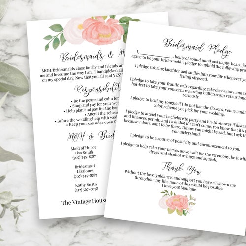 Bridesmaids Pledge Card Printable Bridesmaid Commitment - Etsy