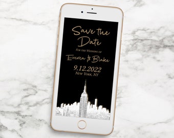 Save the Date New York City Skyline Sketch, Gold and Black Electronic Announcement Template, Evite, Digital Invitation PPW40 HUDSON