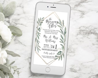 Wedding Brunch Invite, The Morning After Electronic Invitation, Evite, Digital, Text Message, Gold and Greenery, Editable Template CEDAR-N4