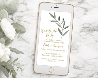 Bachelorette Party, Electronic Invitation, Evite, Digital, Text Message, Editable Phone Invite, Gold and Greenery, Editable Template PPW800