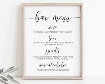 Bar Menu, Wedding Reception Drink Menu, Wedding Printable, Instant Download 100% Editable  PPW0550 Grace