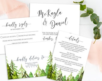 Pine Forest Wedding Invitation Set, RSVP Card, Details Card, Invitation Suite, Printable Wedding Editable Template, Corjl LINDEN PPW410