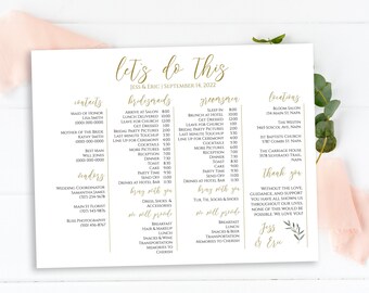 Wedding Party Timeline, Bridesmaid Agenda, Groomsmen Schedule Gold and Greenery, Editable Corjl Template PPW800