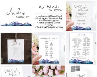 Mountain Range Wedding Template Bundle, Seating Chart, Menu, Sign, Program, Timeline, Invitation, Printable Template, Corjl ANDES PPW420