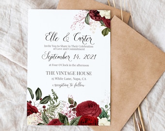 Wedding Invitation, Red Rose Invite, RSVP, Details Card, Red Floral, Editable Corjl Template PPW189 SCARLET