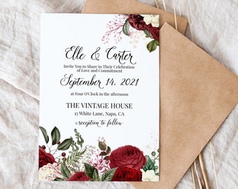 Wedding Invitation, Red Rose Invite, RSVP, Details Card, Red Floral, Editable Corjl Template PPW189 SCARLET