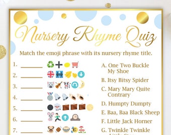 Emoji Nursery Rhyme Quiz ~ Blue and Gold Baby Shower ~ Baby Boy Polka Dot ~ Printable Game BGld20