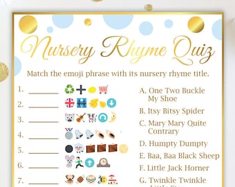 Emoji Nursery Rhyme Quiz ~ Blue and Gold Baby Shower ~ Baby Boy Polka Dot ~ Printable Game BGld20