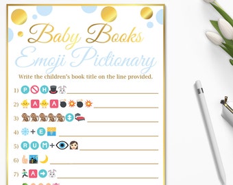 Baby Books Emoji Game ~ Blue and Gold Baby Shower Game ~ Baby Boy Polka Dot ~ Printable Game BGld20