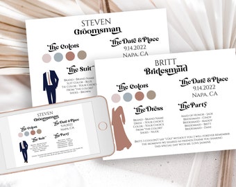 Retro Wedding Party Dress and Tuxedo Info Card Set, Bridesmaids Card, Wedding Party Details,  Modern Font Groomsmen Printable PPW74