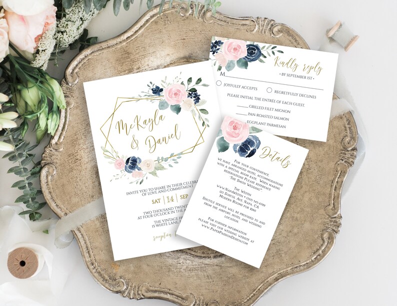Wedding Invitation Suite, Invite, RSVP, Details Card, Navy and Pink Floral, Gold Frame, Editable Corjl Template PPW265 OLEA image 8