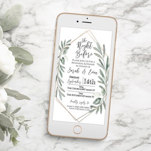 Wedding Rehearsal Dinner Invite, The Night Before Electronic Invitation, Evite, Digital, Text Message, Gold and Greenery, Template CEDAR-N4 image 9