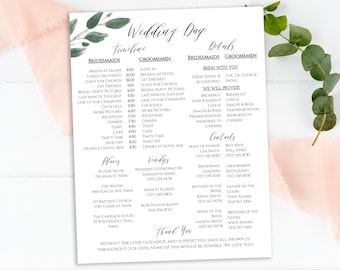 Greenery Wedding Party Timeline and Details Template, Wedding Day Schedule, Bridal Party Printable 100% Editable PPW0450