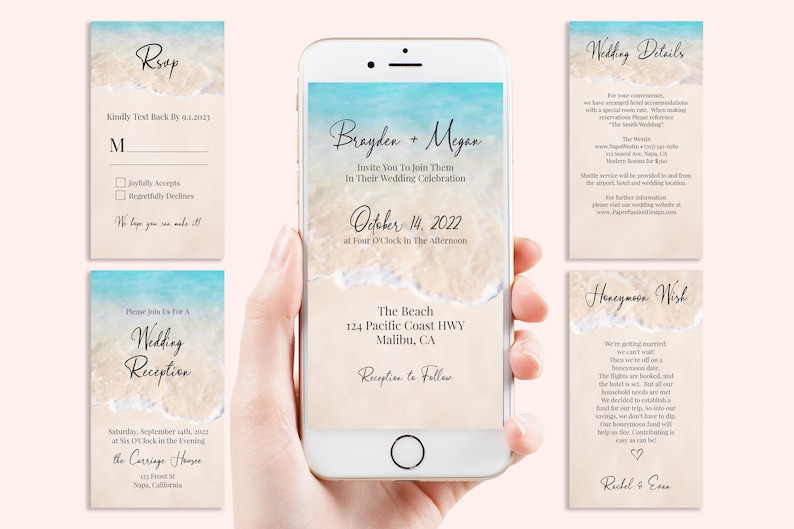 Beach Wedding Electronic Invitation Suite, Email, Text Message, Tropical Wedding, Ocean Wave, RSVP, Reception, Details PPW20 BREE image 9