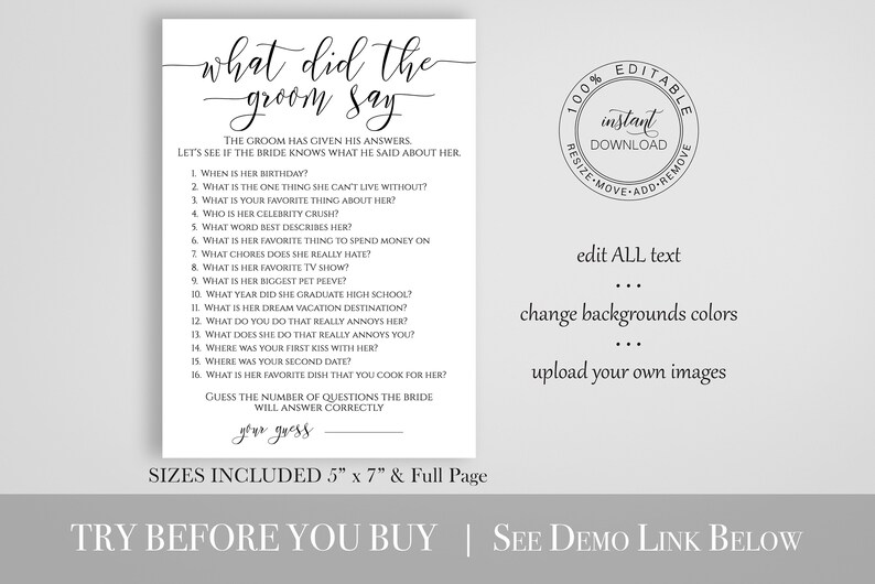 What Did The Groom Say Template, Bridal Game Activity, Rustic Modern Elegant Design Printable Editable, PPW0550 Grace image 2