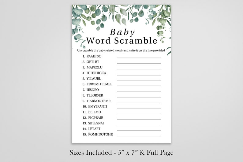 Baby Word Scramble, Greenery Eucalyptus Baby Shower Game, Green Foliage Gender Neutral Theme, Printable Game PPB0440 image 3