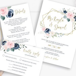 Wedding Invitation Suite, Invite, RSVP, Details Card, Navy and Pink Floral, Gold Frame, Editable Corjl Template PPW265 OLEA image 7