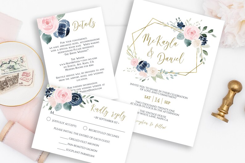 Wedding Invitation Suite, Invite, RSVP, Details Card, Navy and Pink Floral, Gold Frame, Editable Corjl Template PPW265 OLEA image 7