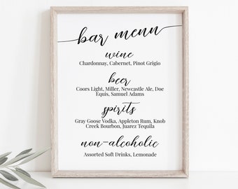 Wedding Bar Menu, Event Drink List, Menu Sign,  Elegant Calligraphy, Editable Card 100% Editable Template, Corjl PPW16 MAE