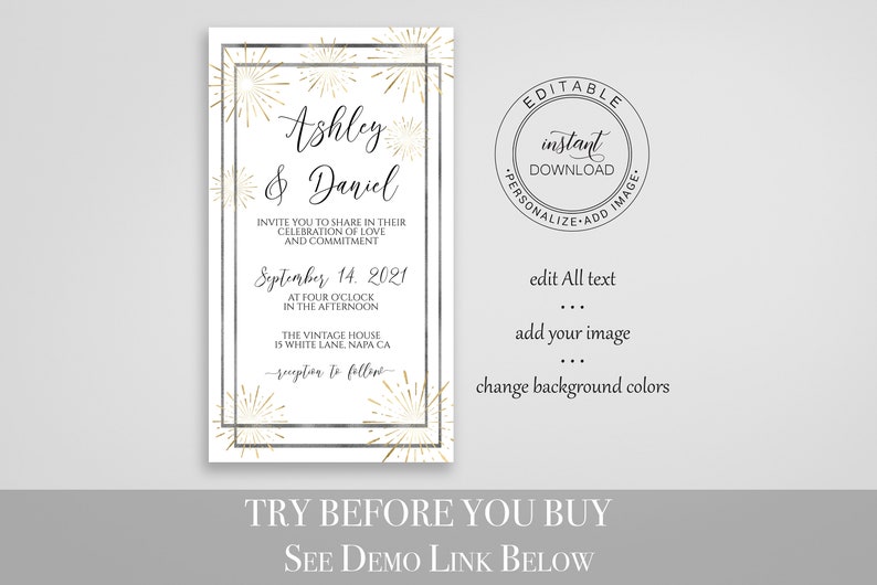 Electronic Wedding Invitation, Mobile Phone Invite, Evite, Text message, Email Details, Editable Text, Corjl PPW-NY21 image 2