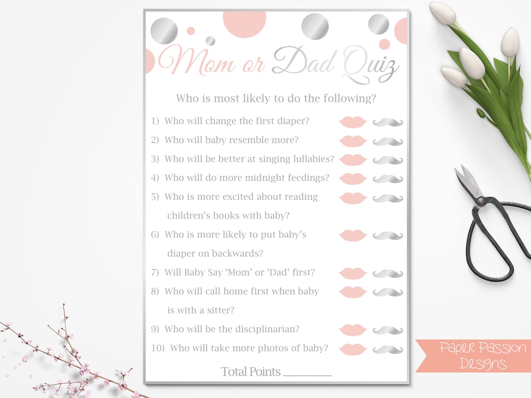 Mom Vs Dad Quiz Pink and Silver Baby Shower Game Baby Girl Polka Dot