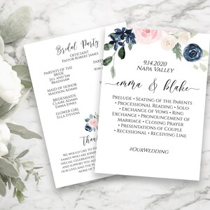 Wedding Ceremony Program Template, Pink and Blue Floral Program, Printable, Personalized, 100% Editable PPW265 OLEA image 3
