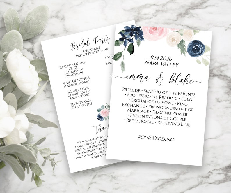 Wedding Ceremony Program Template, Pink and Blue Floral Program, Printable, Personalized, 100% Editable PPW265 OLEA image 3