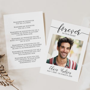 Plantilla de tarjetas fotográficas funerarias, descarga de tarjetas de oración, celebración de la vida, poemas funerarios, plantilla Corjl editable PPF550