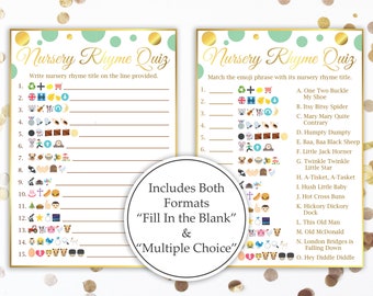 Emoji Nursery Rhyme Quiz Printable for Neutral Gender Baby Shower Entertainment MintGld20