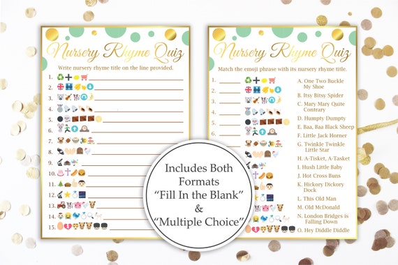 emoji nursery rhyme quiz mint and gold baby shower game etsy