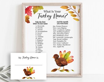 What's Your Turkey Name Game, Personalized Thanksgiving Day Activity Sign & Card Template, Editable Turkey Graphic Activity HARVEST-S1