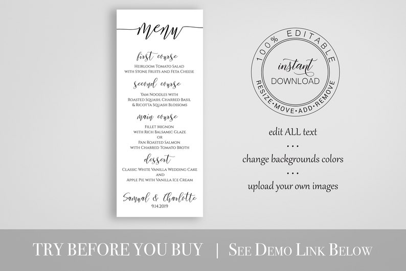 Modern Script Wedding Menu Template, Elegant Font Menu Card, 100% Editable PPW0550 GRACE image 2