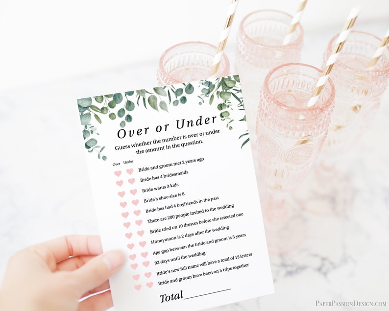 Greenery Wedding Over or Under Game Template Bridal Shower image 1